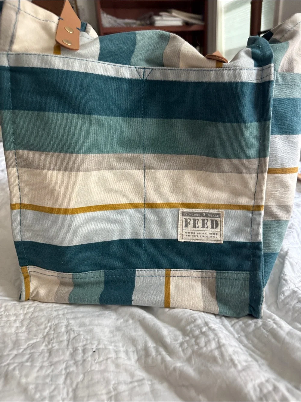 FEED Striped Canvas Tote in Teal, Cream & Mustard